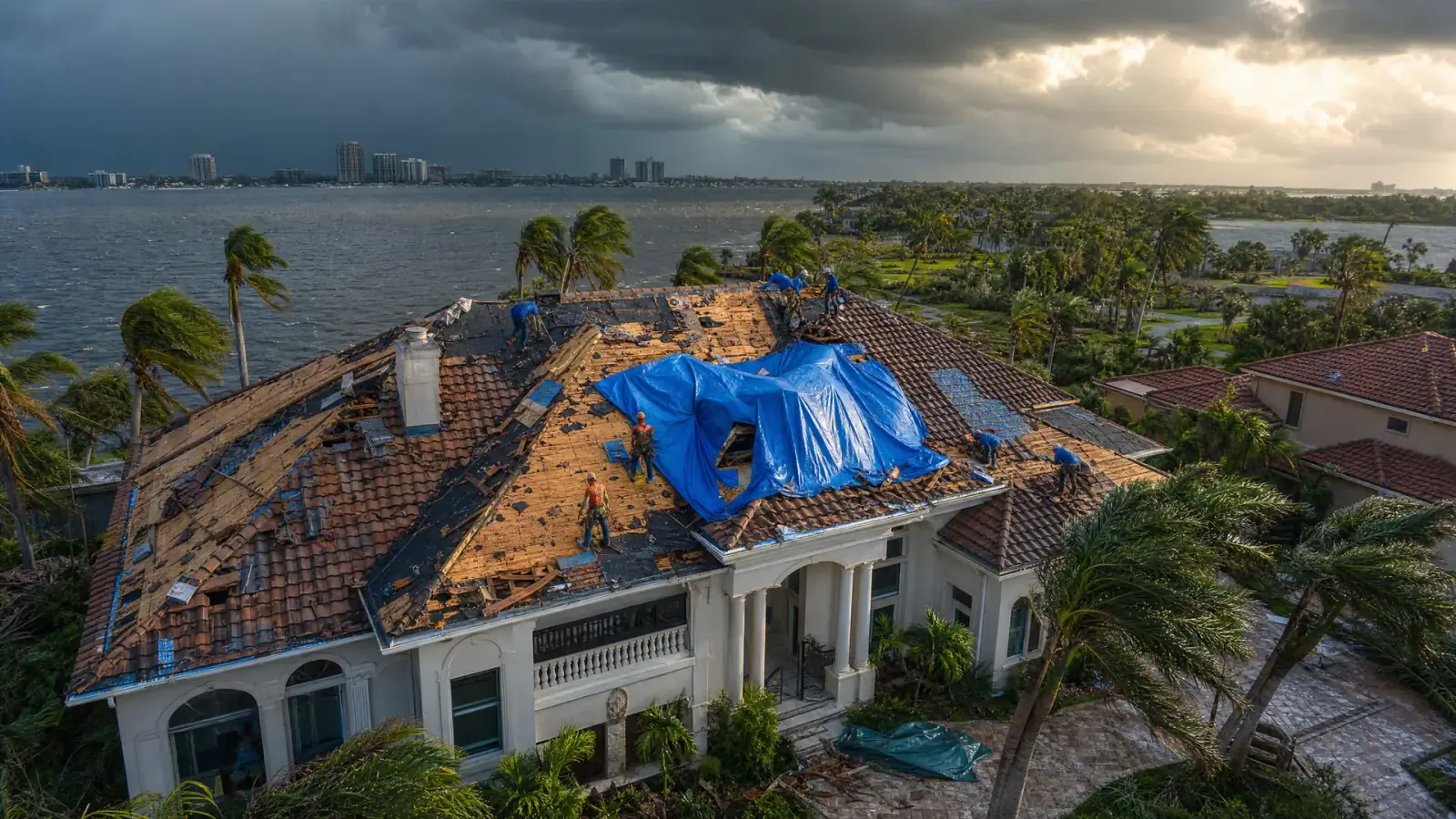 Roof with storm tarps after Northeast Florida weather
