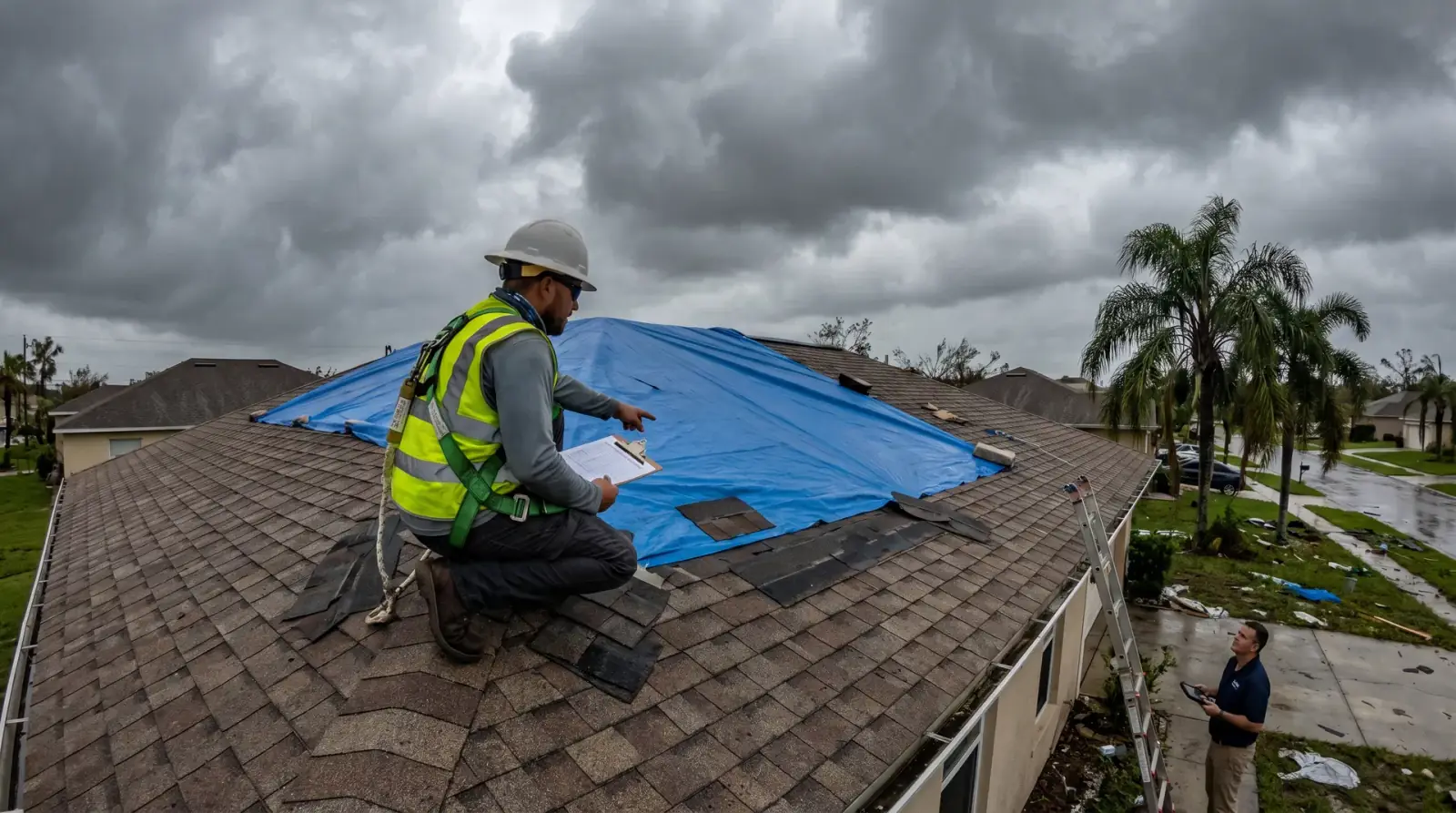 Coastal Jacksonville home after a storm, roof inspection in progress
